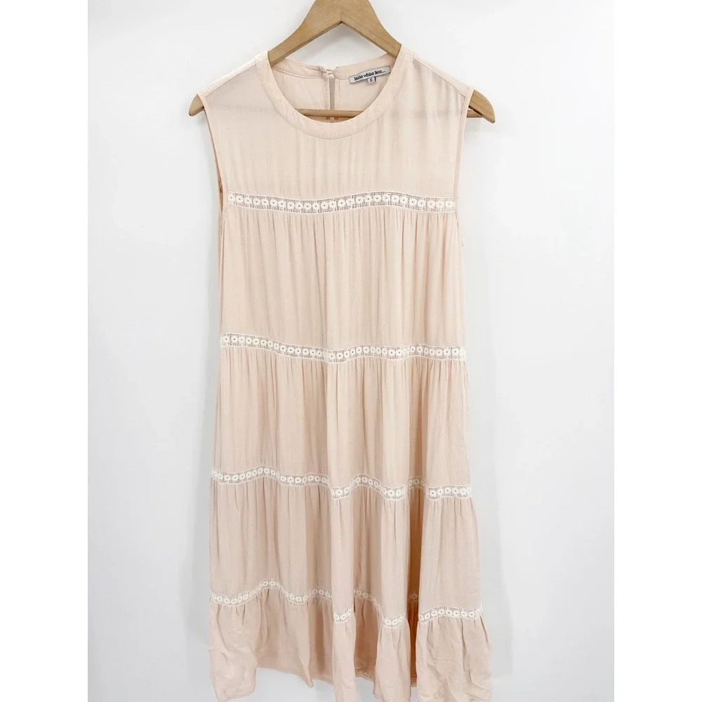 Little White Lies London Tiered Lace Trim Shift Dress Blush Pink Sleeveless S